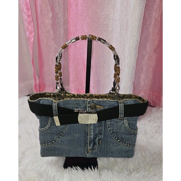Y2K Booty Bags Hand Made Blue Jean Leopard Purse w/ Beaded Double Handle 11"x7" - Picture 1 of 10